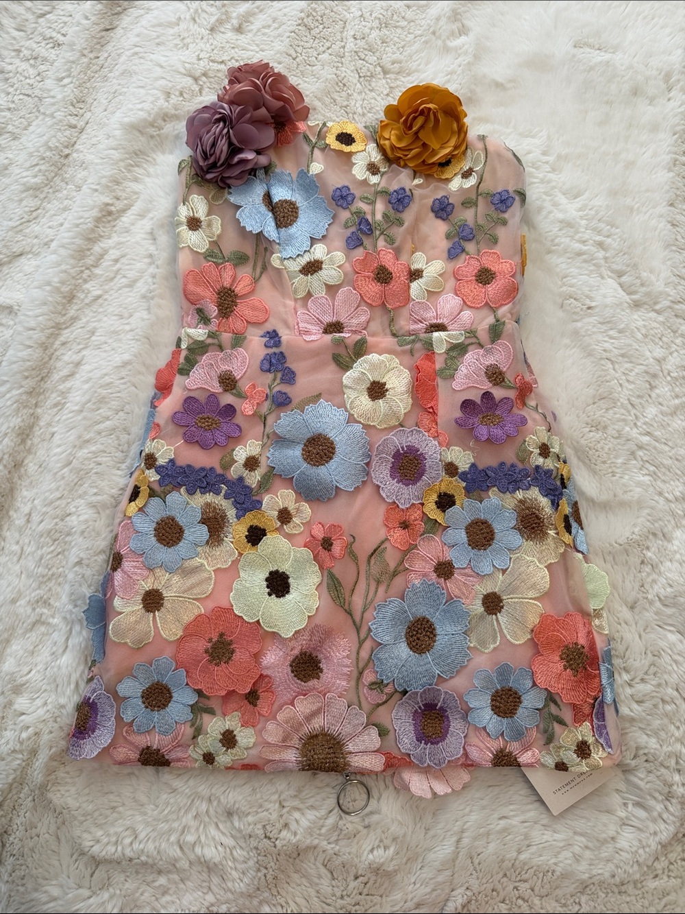 Floral Appliqué Pink Mini Dress with Multicolor Blooms